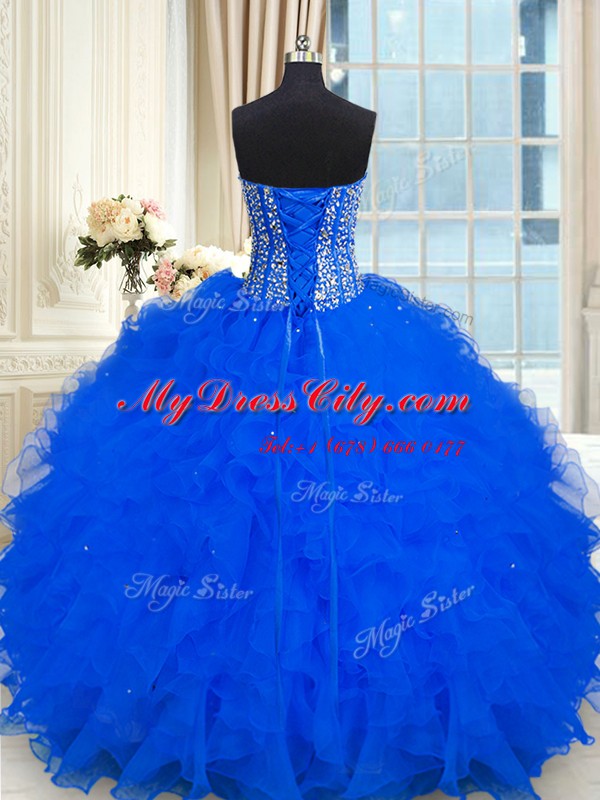 Floor Length Royal Blue Quinceanera Gown Strapless Sleeveless Lace Up