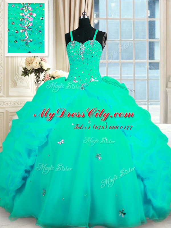 Spaghetti Straps Sleeveless Quince Ball Gowns With Train Sweep Train Beading and Ruffles Turquoise Organza