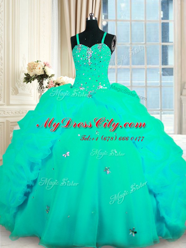 Spaghetti Straps Sleeveless Quince Ball Gowns With Train Sweep Train Beading and Ruffles Turquoise Organza