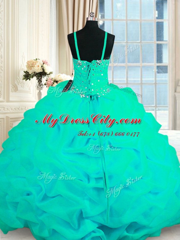 Spaghetti Straps Sleeveless Quince Ball Gowns With Train Sweep Train Beading and Ruffles Turquoise Organza