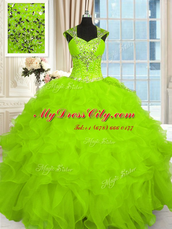 Cap Sleeves Organza Lace Up Quinceanera Dress for Military Ball and Sweet 16 and Quinceanera