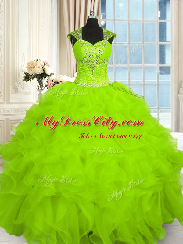 Cap Sleeves Organza Lace Up Quinceanera Dress for Military Ball and Sweet 16 and Quinceanera