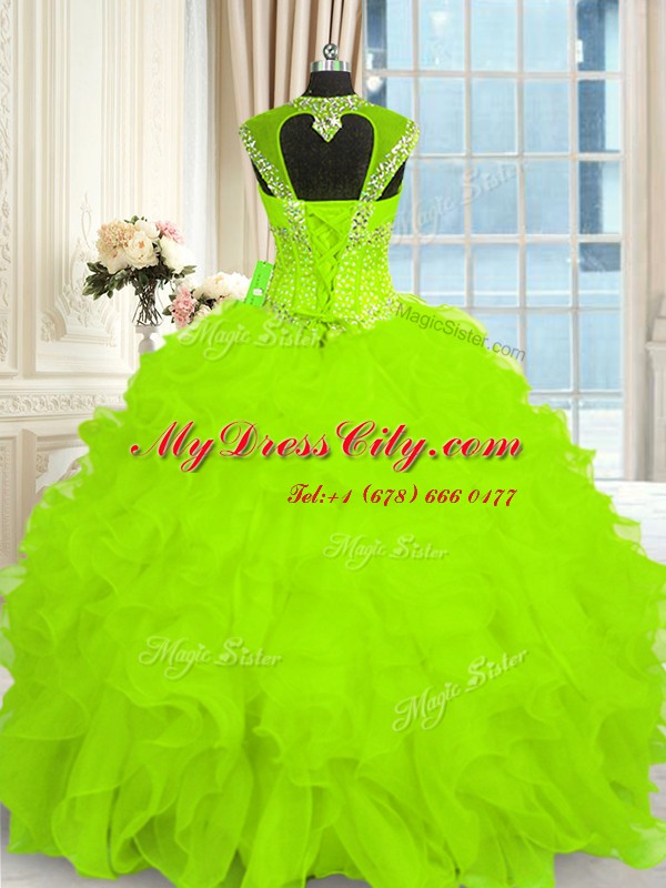 Cap Sleeves Organza Lace Up Quinceanera Dress for Military Ball and Sweet 16 and Quinceanera