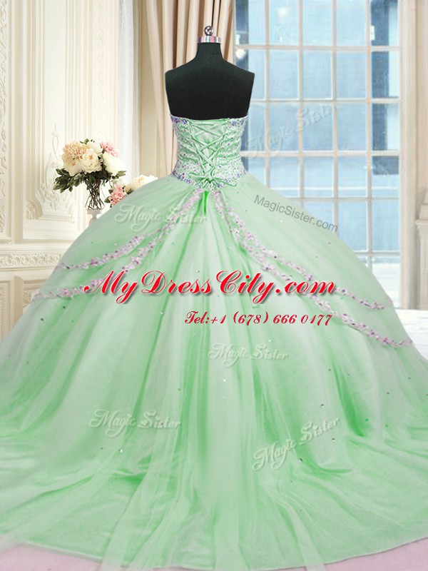 On Sale With Train 15 Quinceanera Dress Tulle Court Train Sleeveless Beading and Appliques