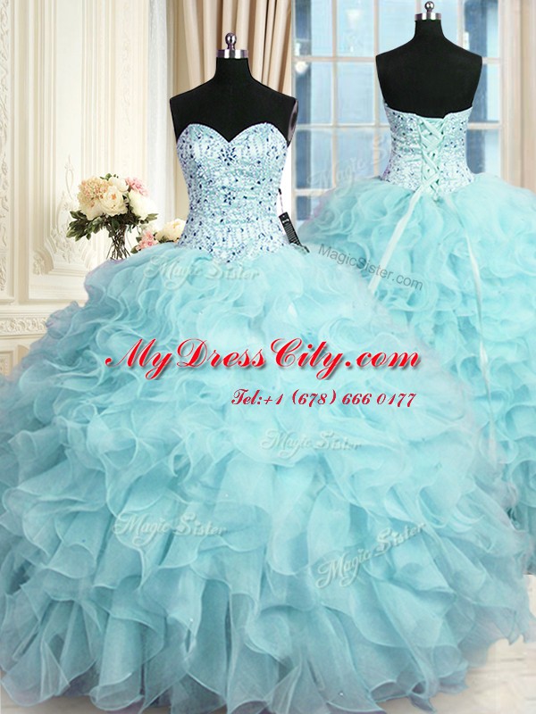 Vintage Sweetheart Sleeveless Sweet 16 Dresses Floor Length Beading and Ruffles Aqua Blue Organza