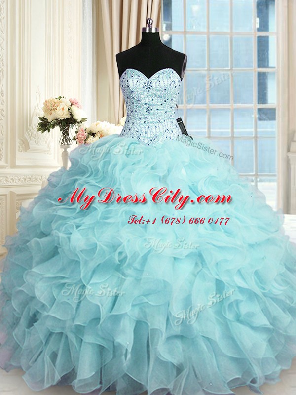 Vintage Sweetheart Sleeveless Sweet 16 Dresses Floor Length Beading and Ruffles Aqua Blue Organza