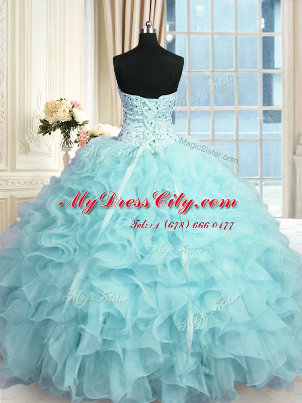 Vintage Sweetheart Sleeveless Sweet 16 Dresses Floor Length Beading and Ruffles Aqua Blue Organza