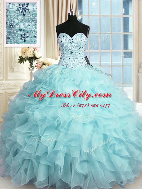 Vintage Sweetheart Sleeveless Sweet 16 Dresses Floor Length Beading and Ruffles Aqua Blue Organza