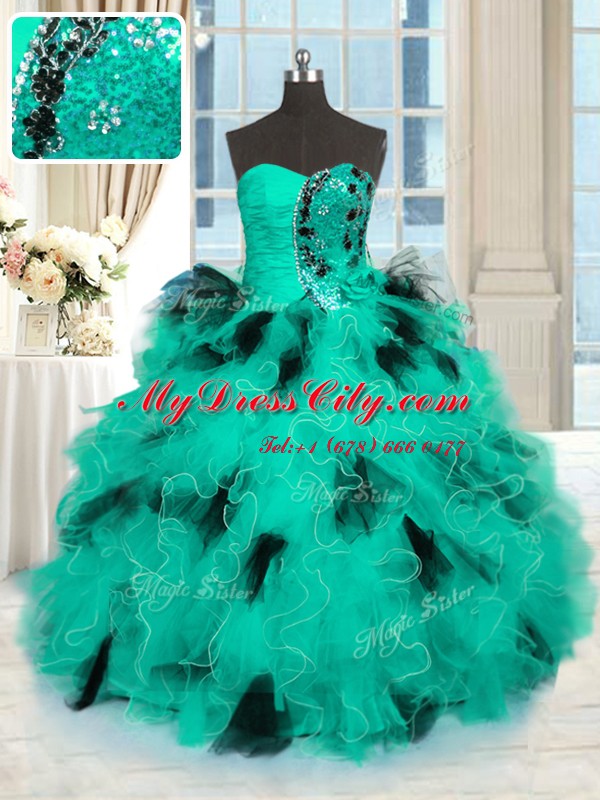 Adorable Sweetheart Sleeveless Ball Gown Prom Dress Floor Length Beading and Ruffles Turquoise Tulle