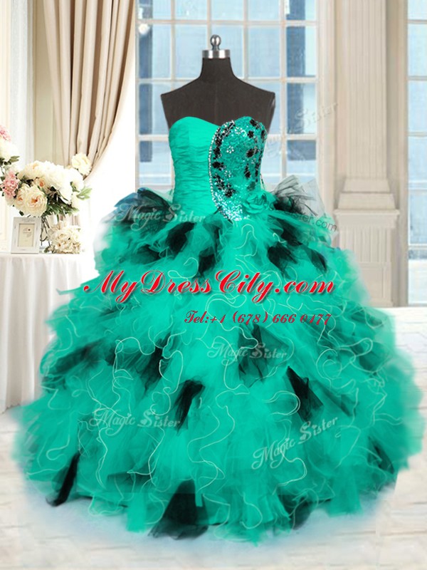 Adorable Sweetheart Sleeveless Ball Gown Prom Dress Floor Length Beading and Ruffles Turquoise Tulle