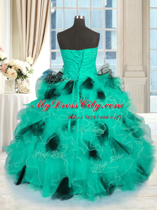 Adorable Sweetheart Sleeveless Ball Gown Prom Dress Floor Length Beading and Ruffles Turquoise Tulle