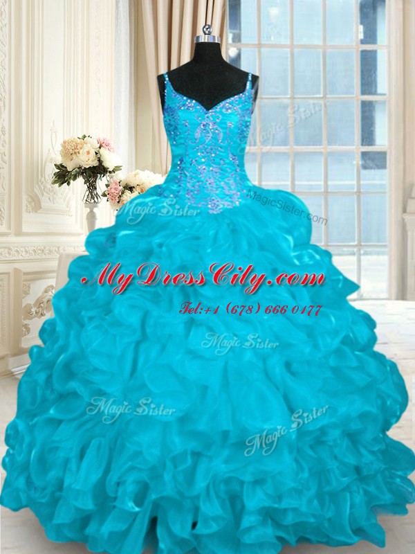 Graceful Aqua Blue Vestidos de Quinceanera Military Ball and Sweet 16 and Quinceanera and For with Beading and Embroidery and Ruffles Spaghetti Straps Sleeveless Brush Train Lace Up