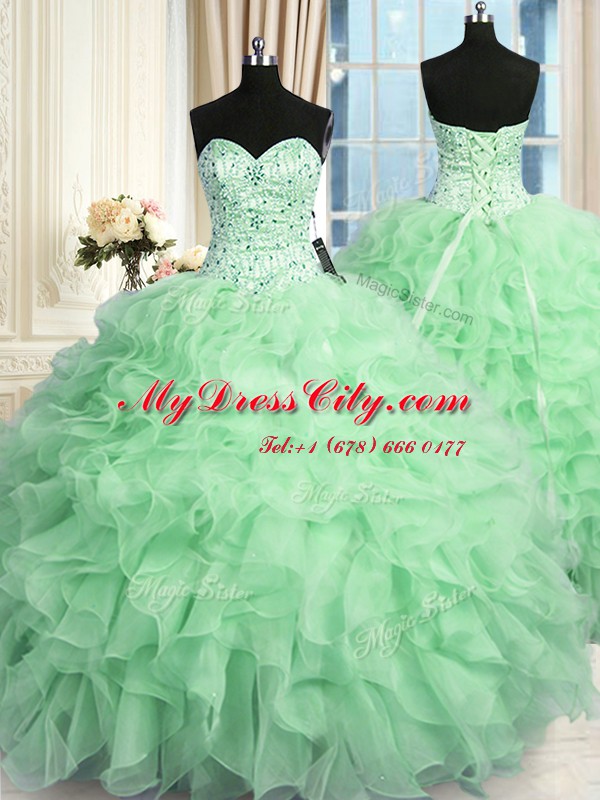 Ideal Apple Green Sleeveless Floor Length Beading and Ruffles Lace Up Ball Gown Prom Dress