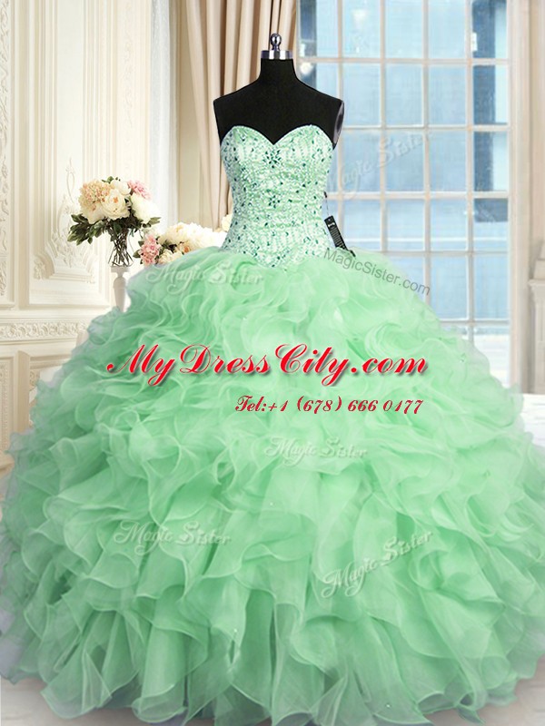 Ideal Apple Green Sleeveless Floor Length Beading and Ruffles Lace Up Ball Gown Prom Dress