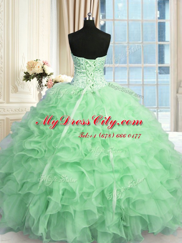 Ideal Apple Green Sleeveless Floor Length Beading and Ruffles Lace Up Ball Gown Prom Dress