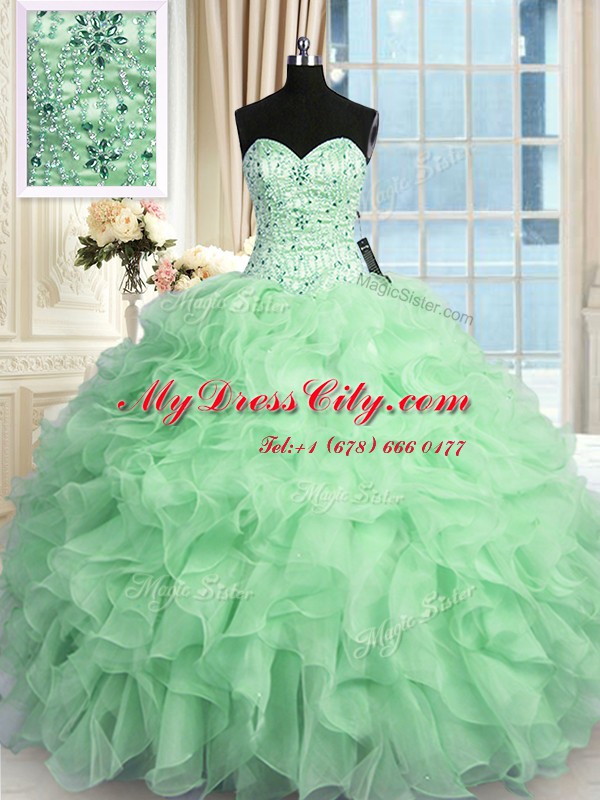 Ideal Apple Green Sleeveless Floor Length Beading and Ruffles Lace Up Ball Gown Prom Dress