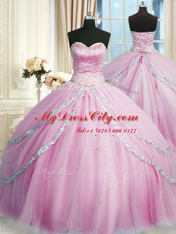 Lilac Sweetheart Lace Up Beading and Appliques Sweet 16 Dress Court Train Sleeveless