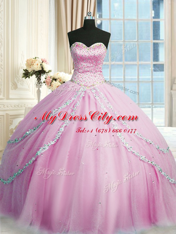 Lilac Sweetheart Lace Up Beading and Appliques Sweet 16 Dress Court Train Sleeveless