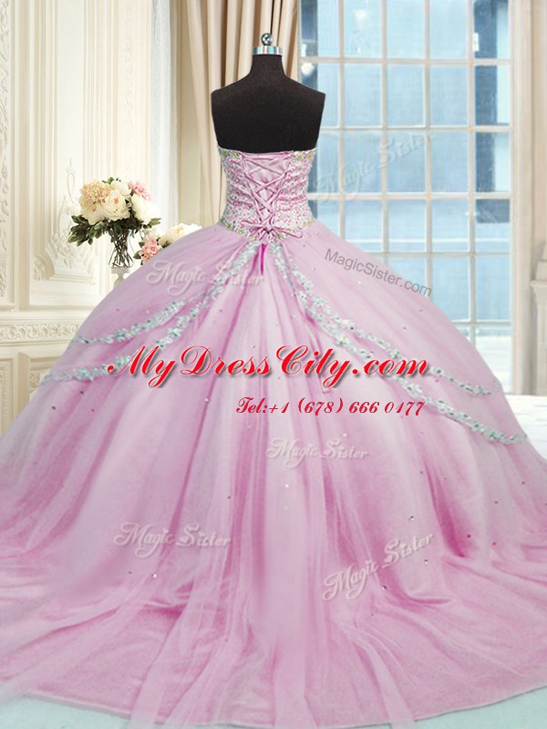 Lilac Sweetheart Lace Up Beading and Appliques Sweet 16 Dress Court Train Sleeveless