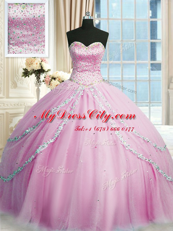 Lilac Sweetheart Lace Up Beading and Appliques Sweet 16 Dress Court Train Sleeveless