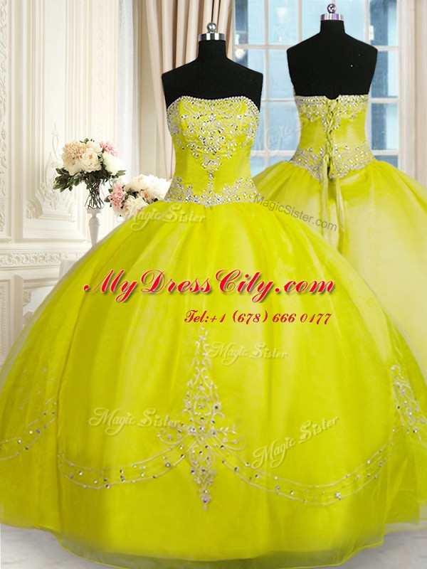 Luxurious Strapless Sleeveless Organza 15 Quinceanera Dress Beading and Embroidery Lace Up