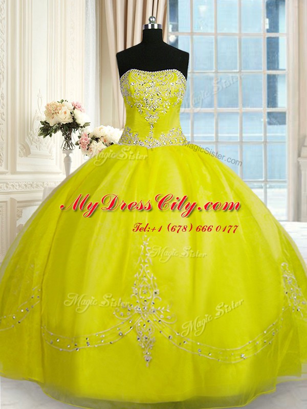 Luxurious Strapless Sleeveless Organza 15 Quinceanera Dress Beading and Embroidery Lace Up