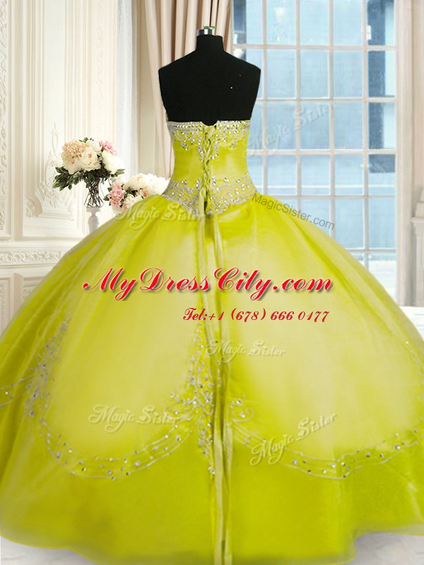 Luxurious Strapless Sleeveless Organza 15 Quinceanera Dress Beading and Embroidery Lace Up