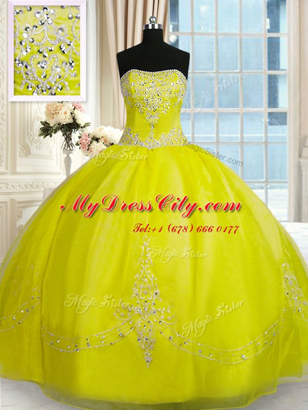 Luxurious Strapless Sleeveless Organza 15 Quinceanera Dress Beading and Embroidery Lace Up