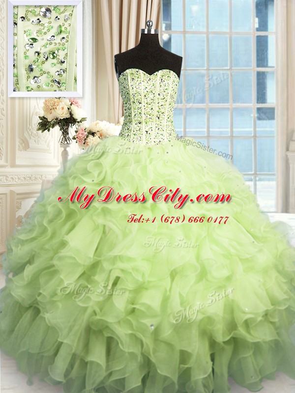 Simple Organza Sleeveless Floor Length Quinceanera Dress and Beading and Ruffles and Sequins