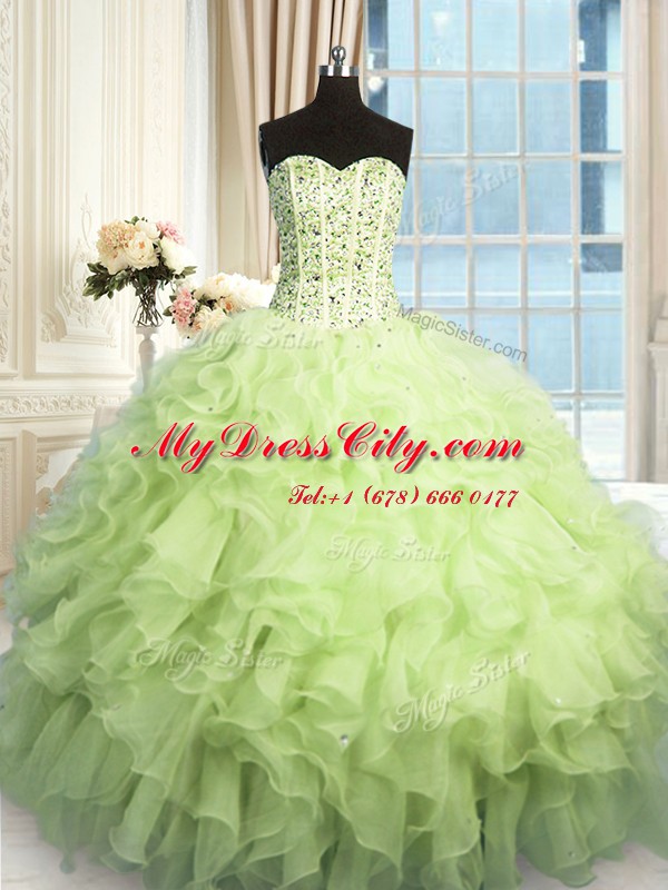 Simple Organza Sleeveless Floor Length Quinceanera Dress and Beading and Ruffles and Sequins