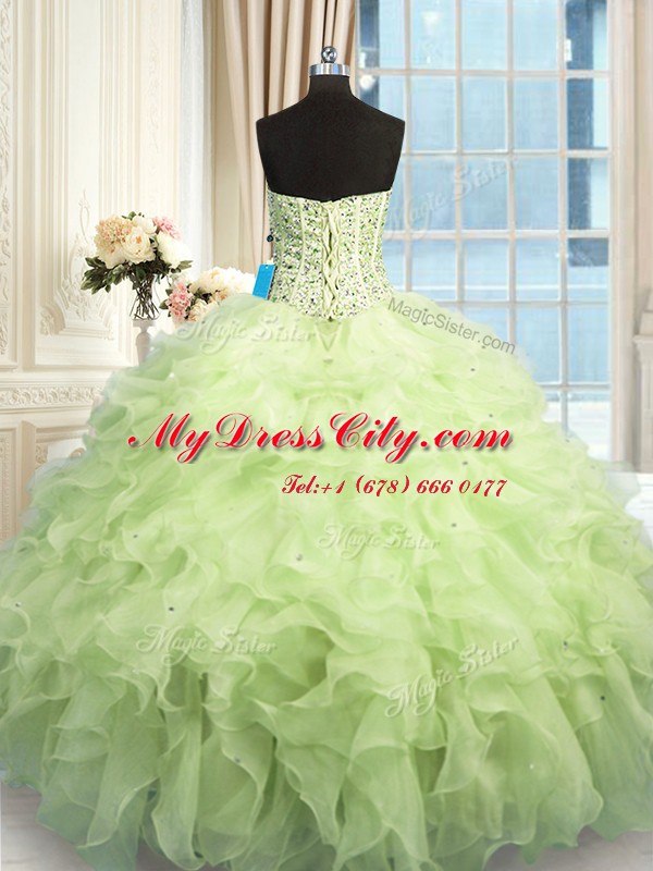 Simple Organza Sleeveless Floor Length Quinceanera Dress and Beading and Ruffles and Sequins