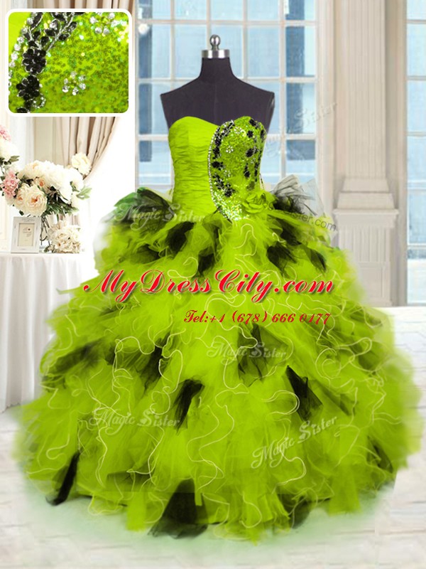 Custom Fit Strapless Sleeveless 15th Birthday Dress Floor Length Beading and Ruffles Multi-color Tulle