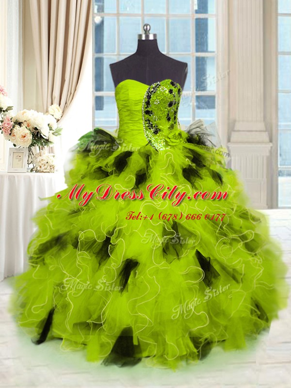 Custom Fit Strapless Sleeveless 15th Birthday Dress Floor Length Beading and Ruffles Multi-color Tulle