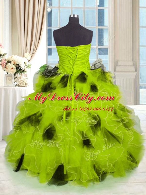 Custom Fit Strapless Sleeveless 15th Birthday Dress Floor Length Beading and Ruffles Multi-color Tulle