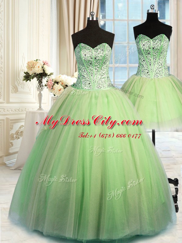 Custom Design Three Piece Yellow Green Sleeveless Tulle Lace Up Sweet 16 Dress for Military Ball and Sweet 16 and Quinceanera