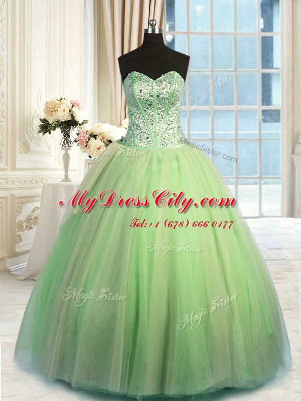 Custom Design Three Piece Yellow Green Sleeveless Tulle Lace Up Sweet 16 Dress for Military Ball and Sweet 16 and Quinceanera