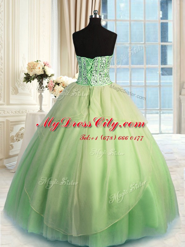 Custom Design Three Piece Yellow Green Sleeveless Tulle Lace Up Sweet 16 Dress for Military Ball and Sweet 16 and Quinceanera