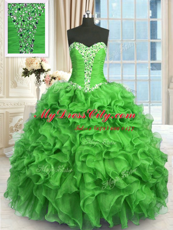 Super Floor Length Lace Up Ball Gown Prom Dress Green for Military Ball and Sweet 16 and Quinceanera with Beading and Ruffles