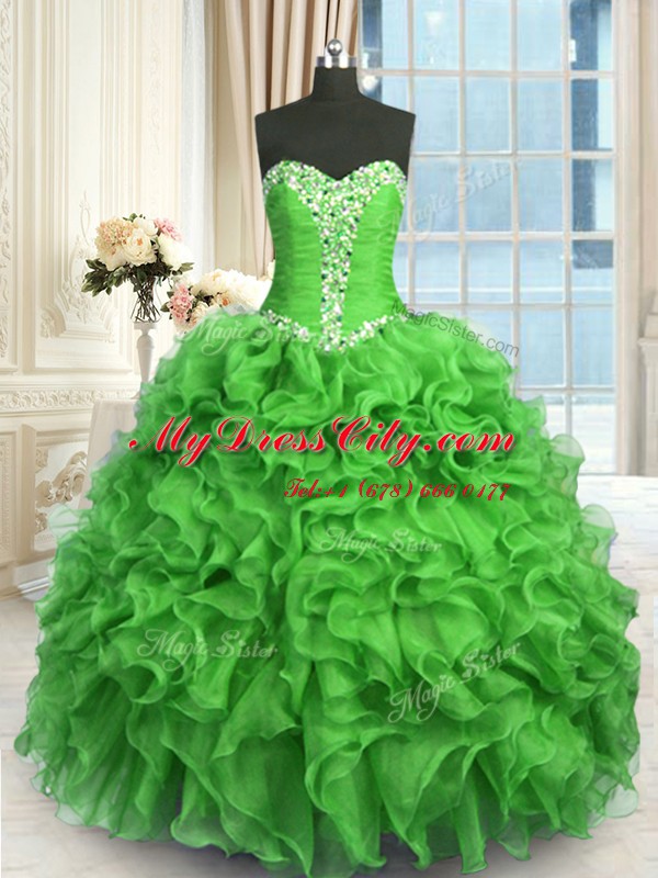 Super Floor Length Lace Up Ball Gown Prom Dress Green for Military Ball and Sweet 16 and Quinceanera with Beading and Ruffles