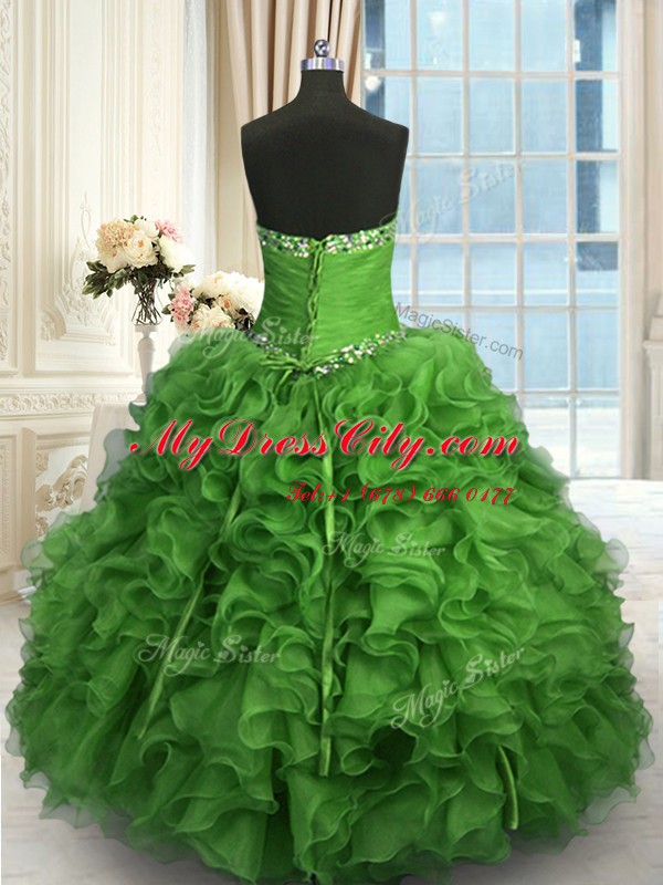 Super Floor Length Lace Up Ball Gown Prom Dress Green for Military Ball and Sweet 16 and Quinceanera with Beading and Ruffles