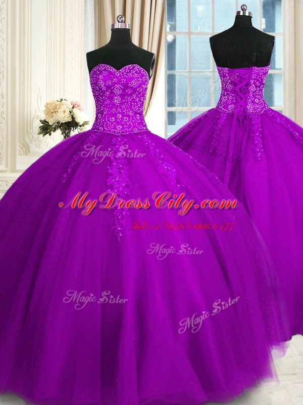 High Class Purple Tulle Lace Up Quince Ball Gowns Sleeveless Floor Length Appliques and Embroidery