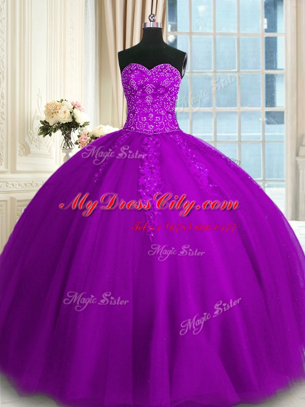 High Class Purple Tulle Lace Up Quince Ball Gowns Sleeveless Floor Length Appliques and Embroidery