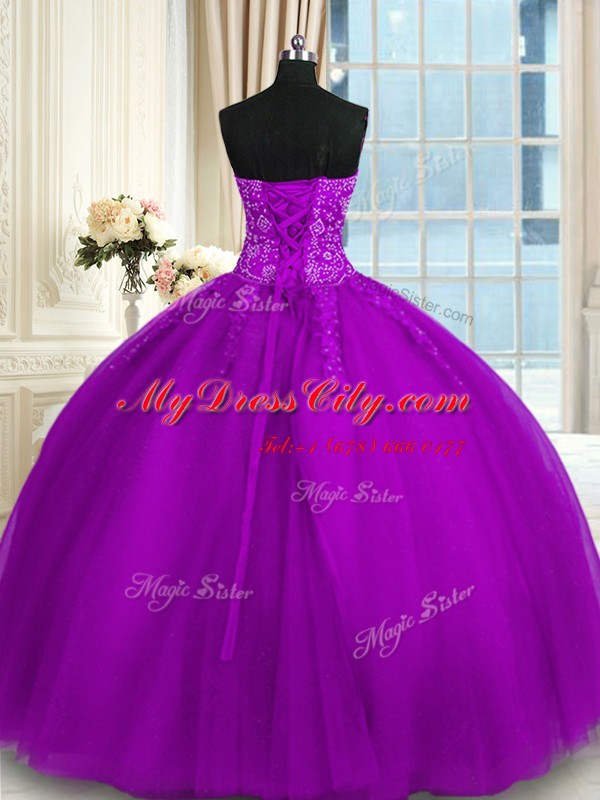 High Class Purple Tulle Lace Up Quince Ball Gowns Sleeveless Floor Length Appliques and Embroidery