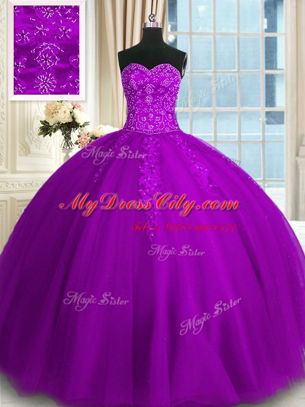 High Class Purple Tulle Lace Up Quince Ball Gowns Sleeveless Floor Length Appliques and Embroidery