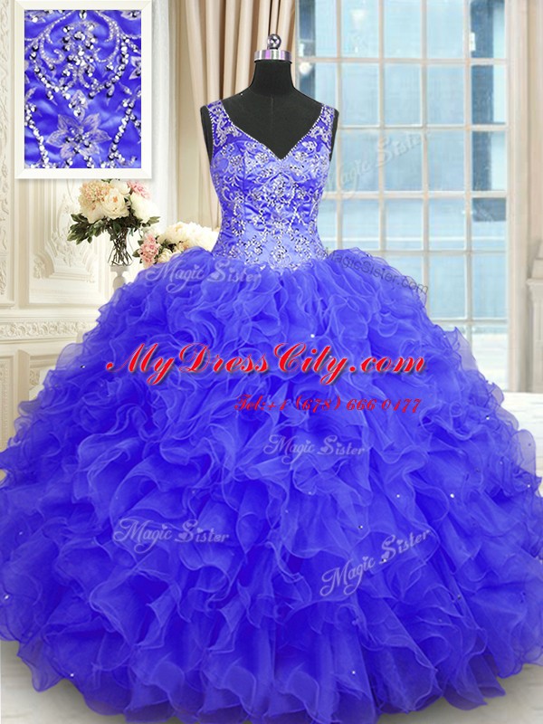 Fitting Sleeveless Beading and Ruffles Zipper Ball Gown Prom Dress