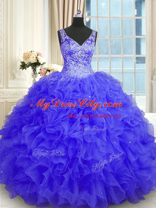 Fitting Sleeveless Beading and Ruffles Zipper Ball Gown Prom Dress