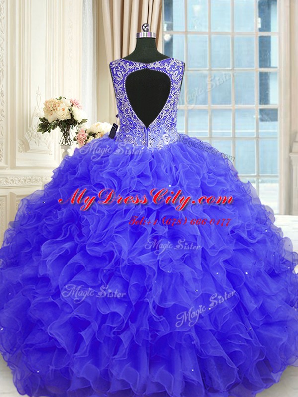 Fitting Sleeveless Beading and Ruffles Zipper Ball Gown Prom Dress