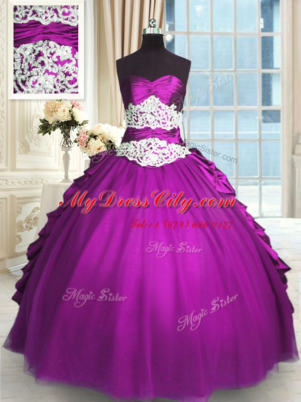 Amazing Eggplant Purple Sleeveless Floor Length Beading and Lace and Ruching and Pick Ups Lace Up Sweet 16 Quinceanera Dress