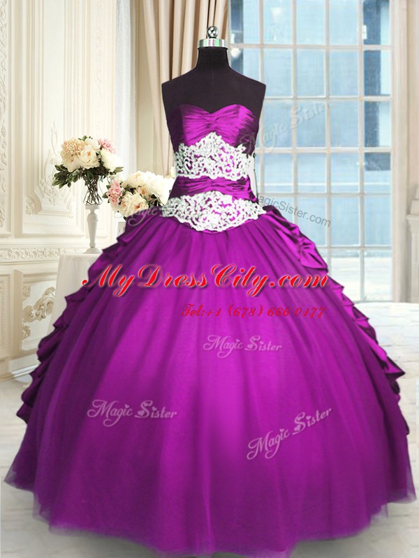 Amazing Eggplant Purple Sleeveless Floor Length Beading and Lace and Ruching and Pick Ups Lace Up Sweet 16 Quinceanera Dress