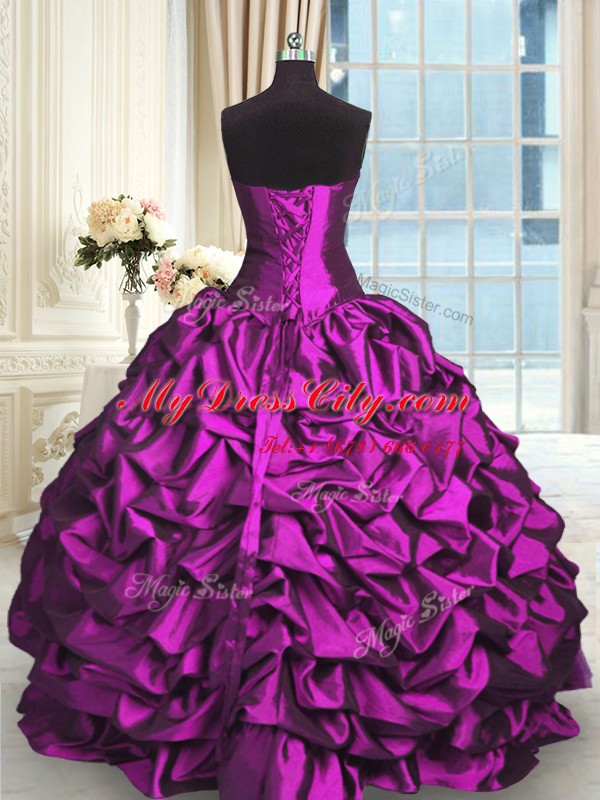 Amazing Eggplant Purple Sleeveless Floor Length Beading and Lace and Ruching and Pick Ups Lace Up Sweet 16 Quinceanera Dress